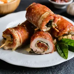 Pyszna rolada ze schabu z piekarnika, zawinięta w boczek, z nadzieniem ze szpinaku i suszonych pomidorów.