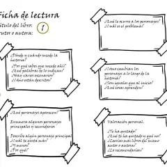 Ficha de lectura con preguntas sobre el libro, personajes, escenarios y valoración personal. Ideal para analizar un libro.