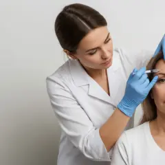 En kvinna får botox i pannan av en sköterska. Kanske för att dölja spåren av för mycket alkohol och sena nätter.