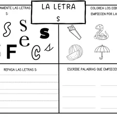 Fichas letra s para imprimir: rodea, colorea y repasa la letra S. Incluye dibujos de serpiente, sandía y paraguas.