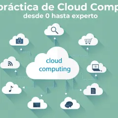 Ilustración que explica qué es cloud computing, con una nube central conectada a otras nubes con iconos de cámara, carrito, portátil, documento, chat, nota musical y wifi.
