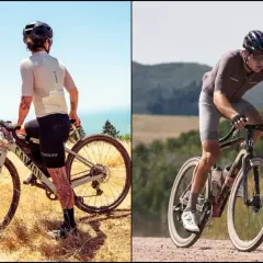 Two cyclists, one on a Canyon Grail, the other on a Canyon Grizl, conquer diverse terrains.