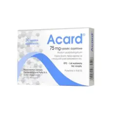 Opakowanie leku Acard 75 mg. Stosowany ostrożnie przez kobiety w ciąży, po konsultacji z lekarzem.