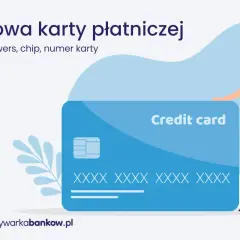 Ilustracja przedstawia budowę karty płatniczej: awers, rewers, chip i numer karty. Kobieta stoi obok karty.