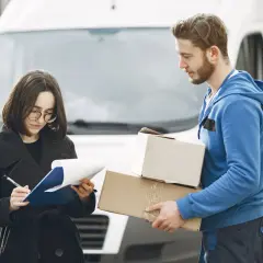 Kurier za pobraniem z paczkami czeka, aż kobieta podpisze dokumenty.