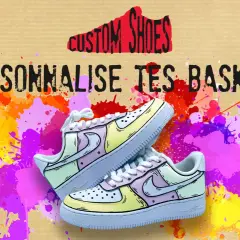 Des baskets personnalisées, aux couleurs vives, prêtes à peindre. Un style unique pour vos pieds.