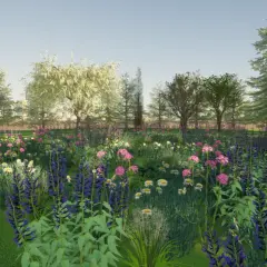 Un rigoglioso prato di fiori selvatici, con campanule viola, margherite bianche e fiori rosa, circondato da alberi verdi e un cielo azzurro.
