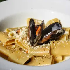 Paccheri con cozze e pecorino, un piatto di pasta saporito e invitante, guarnito con cozze fresche e formaggio grattugiato.
