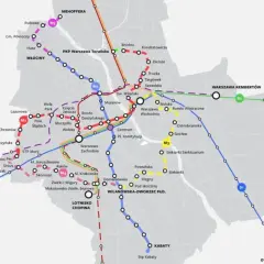 Mapa metra w Warszawie: linie M1, M2, M3, M4, M5, S1, S2, S3. Widoczne stacje i węzły przesiadkowe.