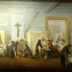 L'hôpital qui se fout de la charité : des religieuses soignent des malades, mais l'une d'elles semble négliger un patient. Une scène ironique.