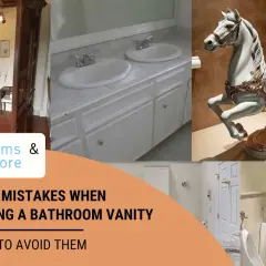 Collage of bathroom scenes, including a vintage toilet enclosure, a double vanity, a horse-shaped toilet, and urinals. Learn about common mistakes when installing a bathroom vanity.