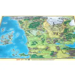 Mapa Faerûnu, krainy z zapomnianych światów, z wyspami, morzem i lądami pełnymi zieleni i gór.