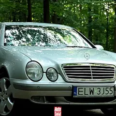 Srebrny Mercedes CLK W208 na tle lasu.