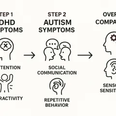 Porównanie objawów ADHD u dorosłych i autyzmu: nieuwaga, nadpobudliwość, komunikacja społeczna, powtarzalne zachowania, nadwrażliwość sensoryczna.