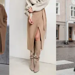 Eleganckie jesienne stylizacje ze spódnicą: beżowa plisowana, z rozcięciem i w kratę.