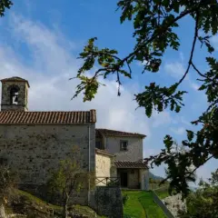 L'eremo di Cerbaiolo, con la sua torre campanaria in pietra, si staglia contro un cielo azzurro tra i rami di una quercia.