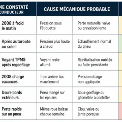 Tableau des causes probables de problèmes de pression pneu 3008 : froid, soleil, voyant TPMS, vacances, usure, crevaison.