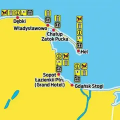 Mapa polskiego wybrzeża z zaznaczonymi miejscowościami jak Hel, Sopot, Krynica Morska. Szukasz, gdzie najbliżej nad morze? Sprawdź oznaczenia plaż.