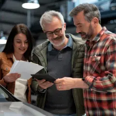 Un couple examine des documents et une tablette avec un vendeur, discutant de l'assurance achat voiture.
