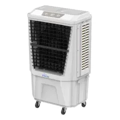 Un climatizador blanco con rejillas frontales y laterales, controles en la parte superior y ruedas en la base.
