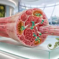 Przekrój włókna mięśniowego z widocznymi mitochondriami i cząsteczkami kinazy kreatynowej, kluczowymi dla produkcji energii.