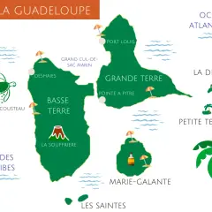Carte de la Guadeloupe, idéale pour un circuit de 15 jours. Explorez Basse-Terre, Grande-Terre, Les Saintes, Marie-Galante et La Désirade.