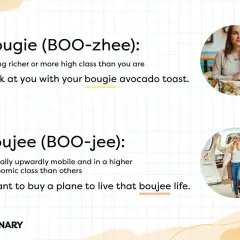 Definizioni di "bougie" e "boujee" con esempi, una slang che descrive chi si atteggia a ricco e chi lo è davvero.