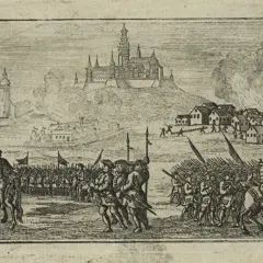 Obrona Jasnej Góry podczas potopu. Widać wojsko, zamek i płonące miasto.