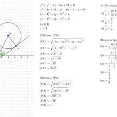 Na wykresie okrąg o środku O(4,3) i promieniu r=2. Punkt P(-1,-1) i A(5,1). Obliczanie tg(α/2) i tga.