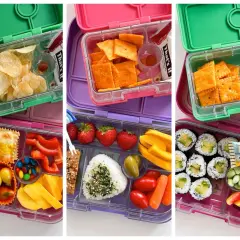 Creative bento box ideas: chips, crackers, ravioli, sushi, fruit, veggies, and candy.