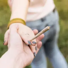 Dłoń trzymająca skręta, symbol naturalnych narkotyków, w tle druga osoba.