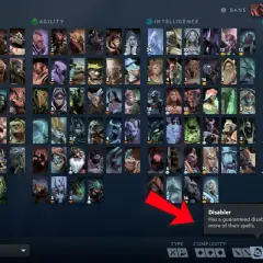 Wybór dota postaci: siła, zwinność, inteligencja i uniwersalne. Widoczna podpowiedź o "Disabler" - postaciach z umiejętnością ogłuszenia.