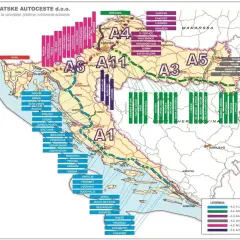 Mapa autostrad Chorwacji z zaznaczonymi trasami A1, A3, A4, A5, A6 i A11. Winieta Chorwacja.