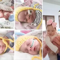Pięcioraczki z Horyńca w żółtych czapeczkach, jedna z nich z różową kokardką, uśmiechnięta kobieta trzyma dziecko.