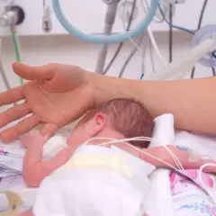 Dłoń matki czule dotyka noworodka w inkubatorze. To obraz nadziei i miłości, który może być częścią wniosku o urlop macierzyński.