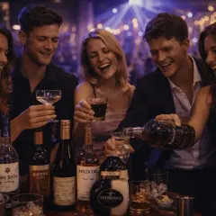 Grupa przyjaciół śmieje się, pijąc drinki i nalewając Sheridansa w barze.