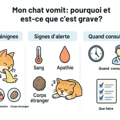 Mon chat vomit : causes, signes d'alerte et quand consulter. L'image montre un chat vomissant, des boules de poils, une gamelle, un corps étranger, un thermomètre, une goutte de sang, un chat endormi, une horloge et un médecin. Elle aborde la question ...