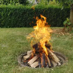 Płomienie tańczą w kamiennym kręgu na ognisko, tworząc ciepłą atmosferę w ogrodzie.