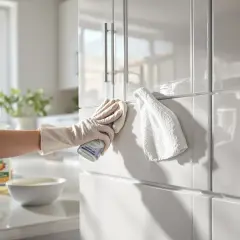 Ręka w rękawiczce czyści białe, błyszczące fronty szafek kuchennych.