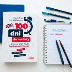 Książka "100 dni do matury" z języka angielskiego, notatnik z listą zadań i długopisy. Czas na naukę!