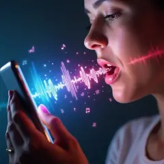 Kobieta pyta telefon: "co to za piosenka google?". Wokół niej unoszą się fale dźwiękowe i nutki.