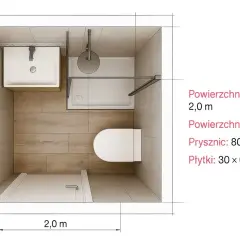 Mała łazienka w bloku 2m2 z prysznicem 80x80cm, umywalką i toaletą. Drewnopodobne płytki na podłodze i jasne na ścianach.