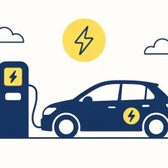 Illustration simple du fonctionnement d'une borne de recharge pour voiture électrique. Un véhicule bleu est branché à une borne bleue.