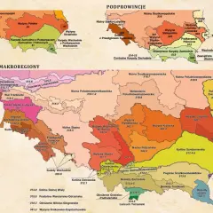 Mapa Polski z zaznaczonymi regionami. Na południu Polski znajdują się Sudety, które są częścią Wyżyn Polskich.