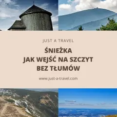 Widok na Śnieżkę, najwyższy szczyt Sudetów, z charakterystycznymi budynkami i krajobrazami górskimi.