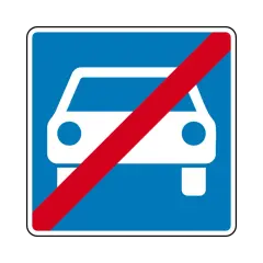 Blaues Schild mit weißem Auto und rotem Querbalken. Ende der Autobahn oder Schnellstraße.
