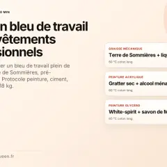Guide pour laver un bleu de travail mécanicien taché de cambouis, peinture ou ciment. Solutions pour détachage et lavage à 60°C.