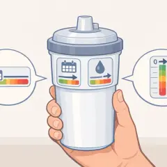 Main d'une personne tenant un filtre cto. Des bulles indiquent l'état du filtre : calendrier, goutte d'eau et jauge de 100g.