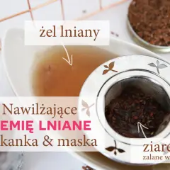 Żel lniany w miseczce, sitko z nasionami lnu zalanych wrzątkiem.