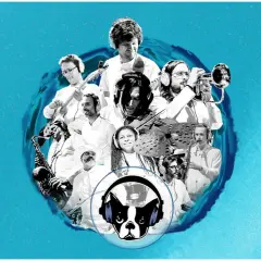 Kommande evenemang med Jacob Collier: en collage av musiker med instrument, inklusive saxofon, trumpet och gitarr, samt en hund med hörlurar.